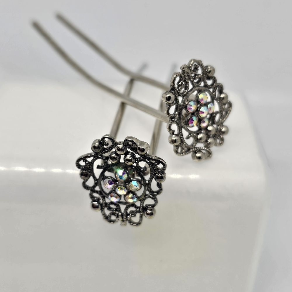 Lila Rose Antique, Elegant Silver Broch U-Pins with Iridescent Accents (Pair)